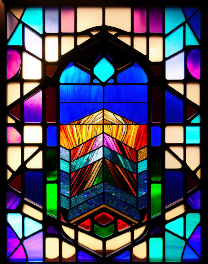 Abstract geometric design stained glass window with vibrant blues, purples, yellows, and reds