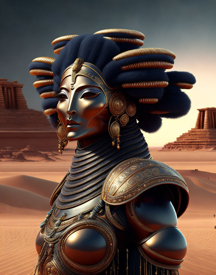 Egyptian-style female figure with elaborate headpiece and gold jewelry in desert setting.