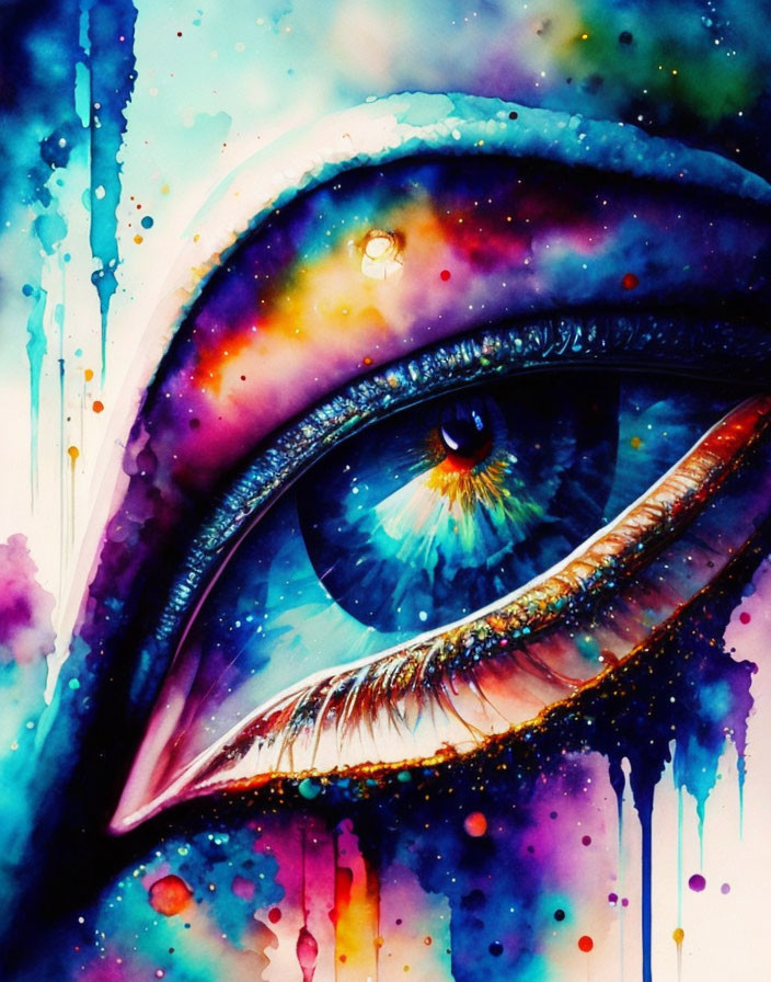 Close-Up Eye Watercolor Painting with Intense Blue Hues