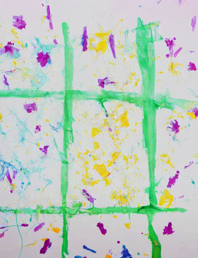 Colorful Abstract Painting with Bright Green Lines and Splatters on Pale Background