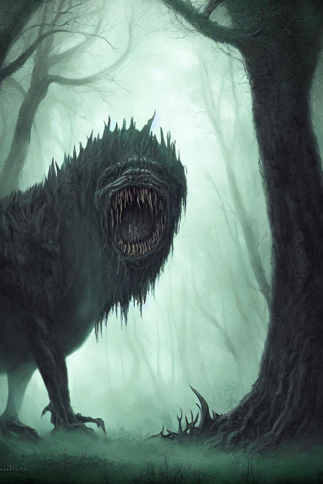 Monstrous wolf-like creature with sharp teeth in misty forest