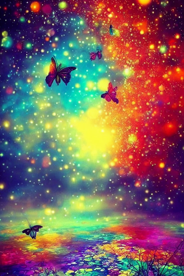 Colorful butterflies flying over cosmic rainbow background.