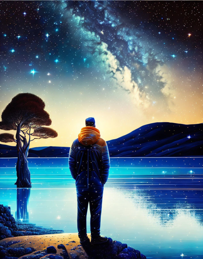 Person in warm jacket by tranquil lake under starry night sky