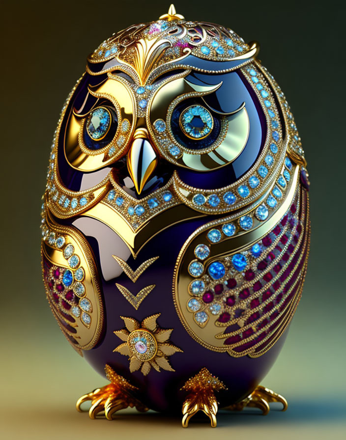 Jewel-encrusted owl figurine with sapphire blue eyes