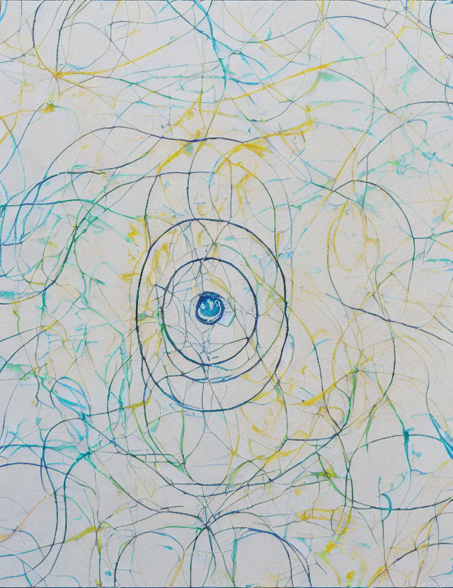 Colorful Abstract Artwork: Chaotic Scribbles in Blue, Yellow, Green, Spirals