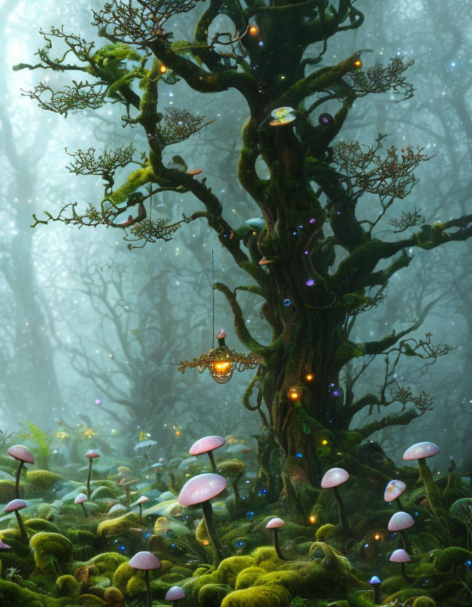 Mystical forest scene with glowing tree and mushrooms