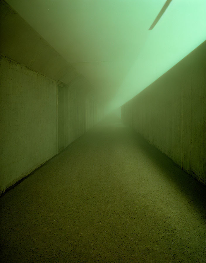 Dimly Lit Narrow Corridor with Greenish Light Casting Soft Glow