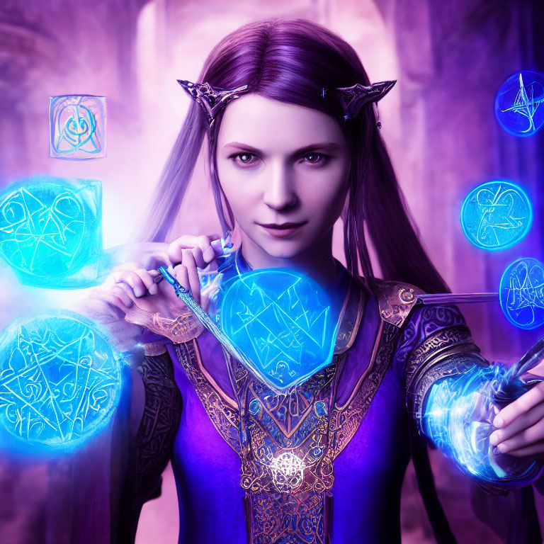 Elven character in purple robe manipulating glowing blue symbols