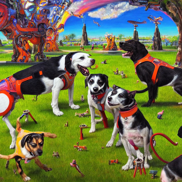 Colorful surreal artwork: Dogs in harnesses, fantastical structures, tiny figures