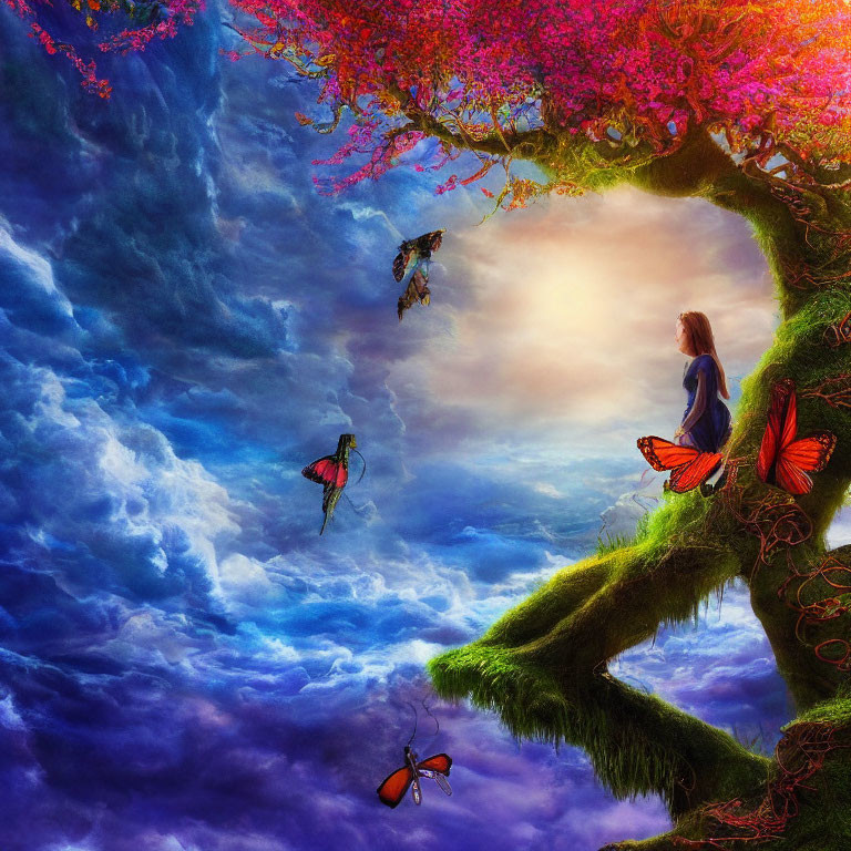 Woman Sitting on Tree Branch Surrounded by Butterflies in Surreal Fantasy Scene