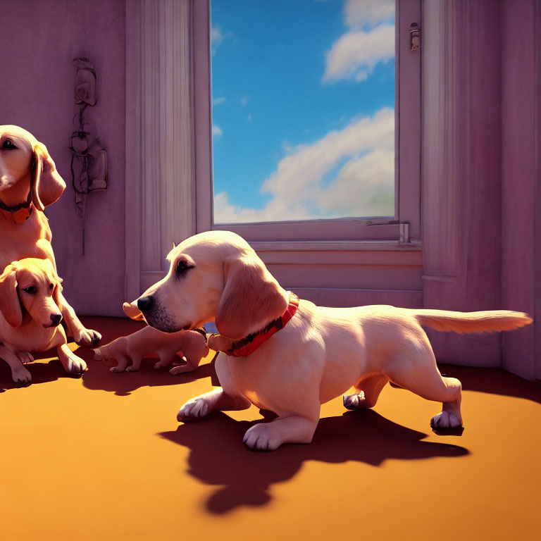 Three Golden Retriever Puppies in Sunlit Room