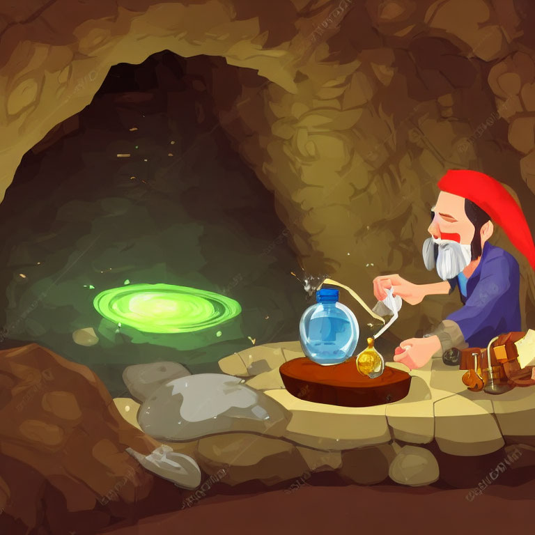 Bearded alchemist in red hat brews potion by green pool in cave