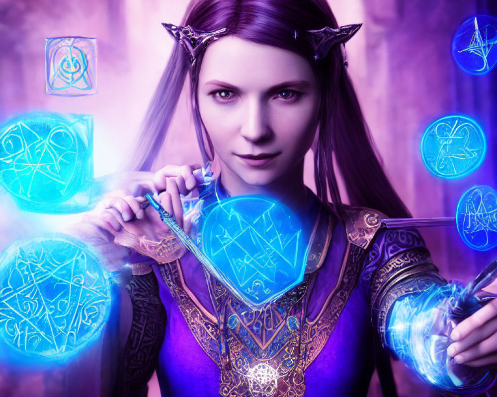 Elven character in purple robe manipulating glowing blue symbols