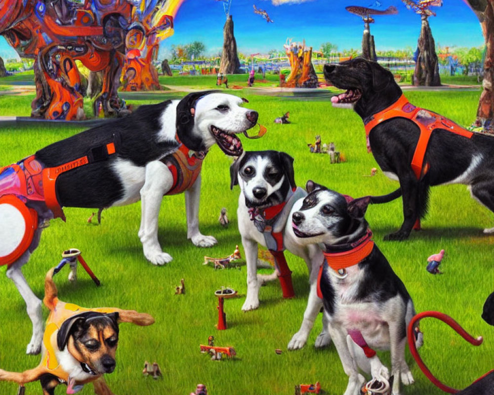 Colorful surreal artwork: Dogs in harnesses, fantastical structures, tiny figures