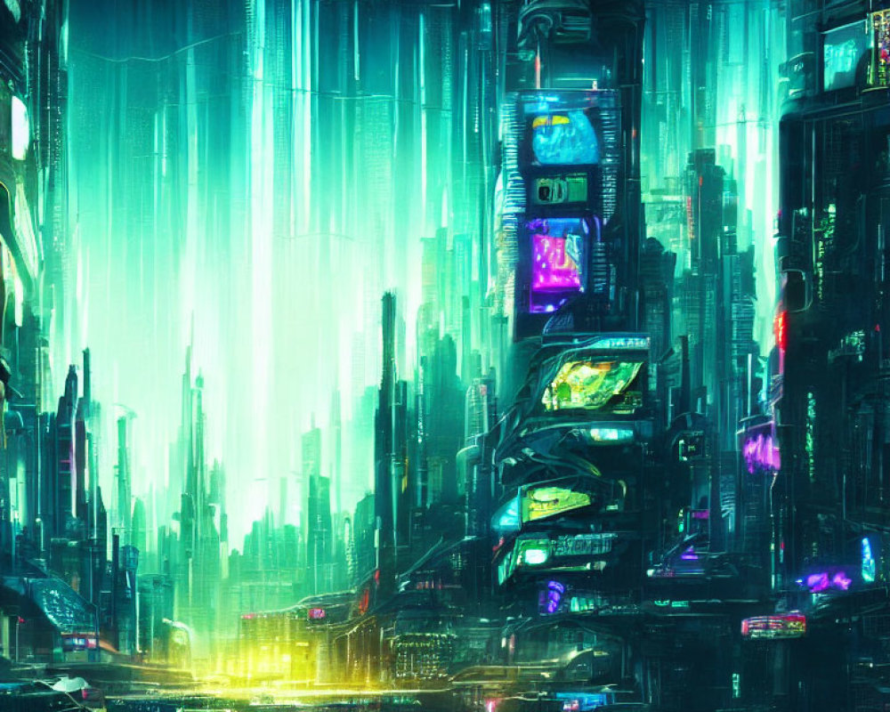 Futuristic cityscape with neon lights and skyscrapers in rain