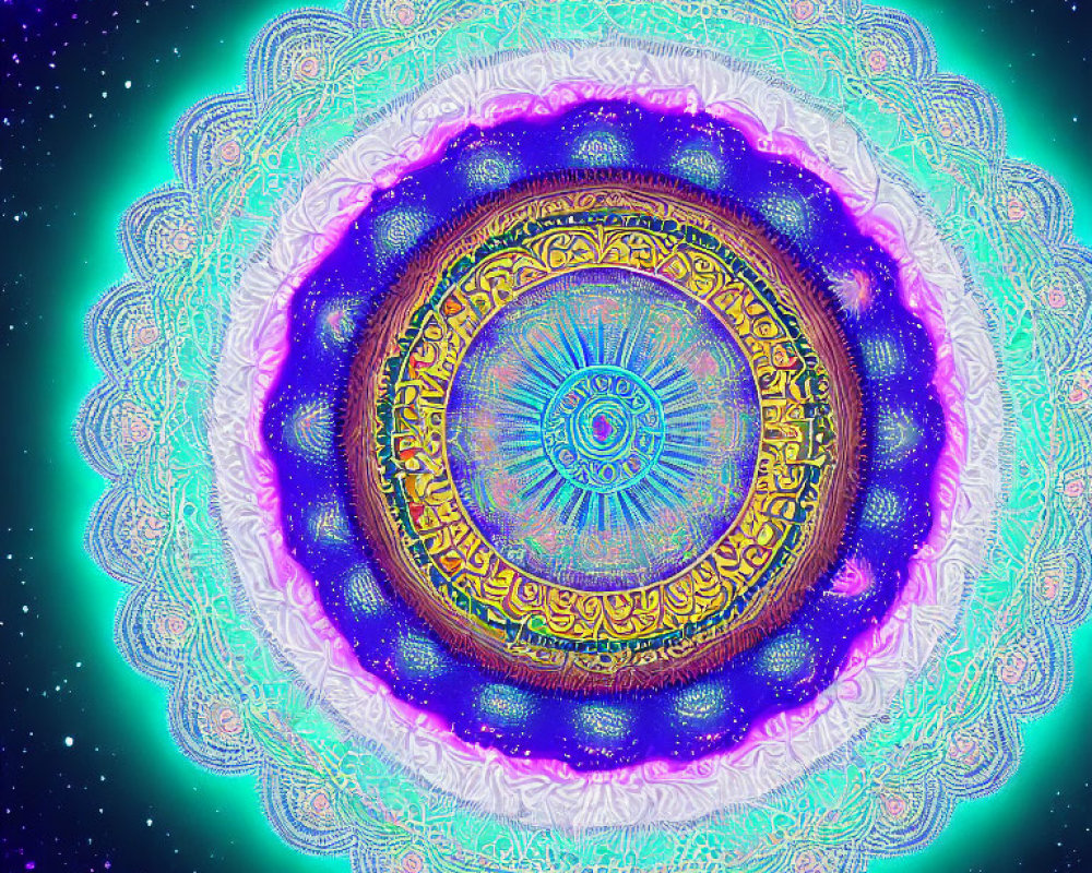 Intricate gold and purple digital mandala on teal background