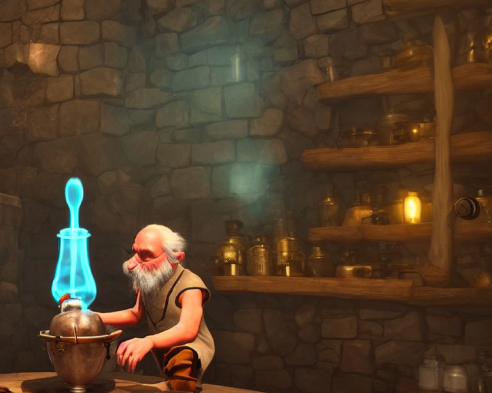 Elderly man brewing potion in stone-walled room