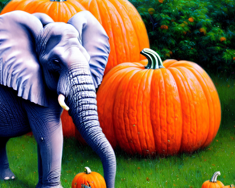 Elephant in Vibrant Green Field with Pumpkins