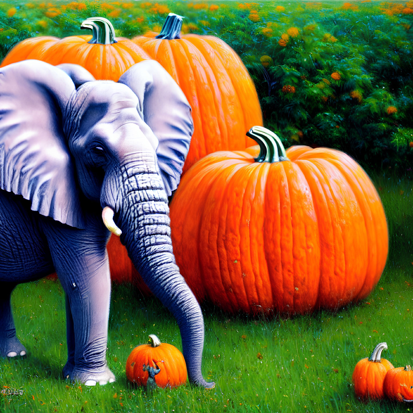 Elephant in Vibrant Green Field with Pumpkins