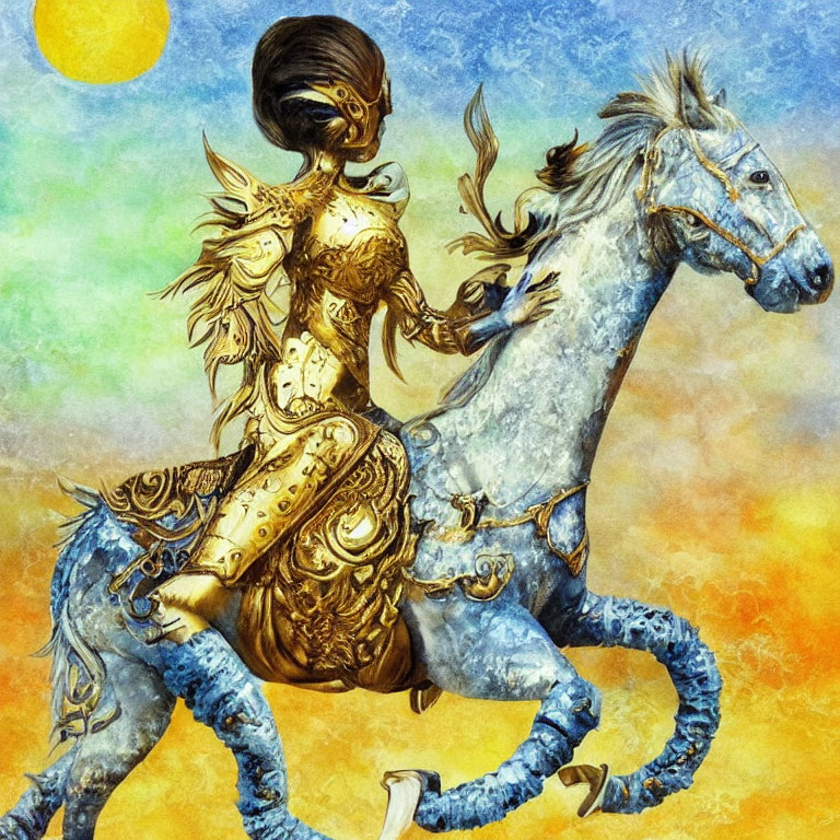 Warrior in Golden Armor Riding Celestial Horse in Fantastical Scene