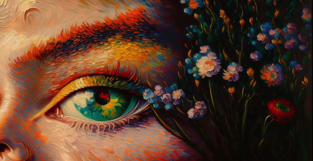 Colorful human eye art with detailed lashes and abstract floral background