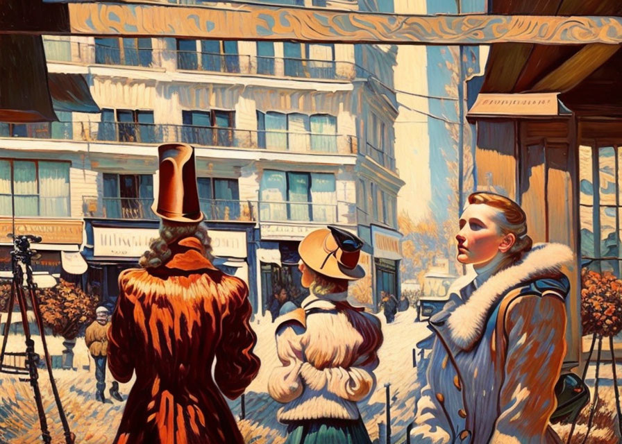 Vintage-style painting of elegantly dressed people on a festive city street.