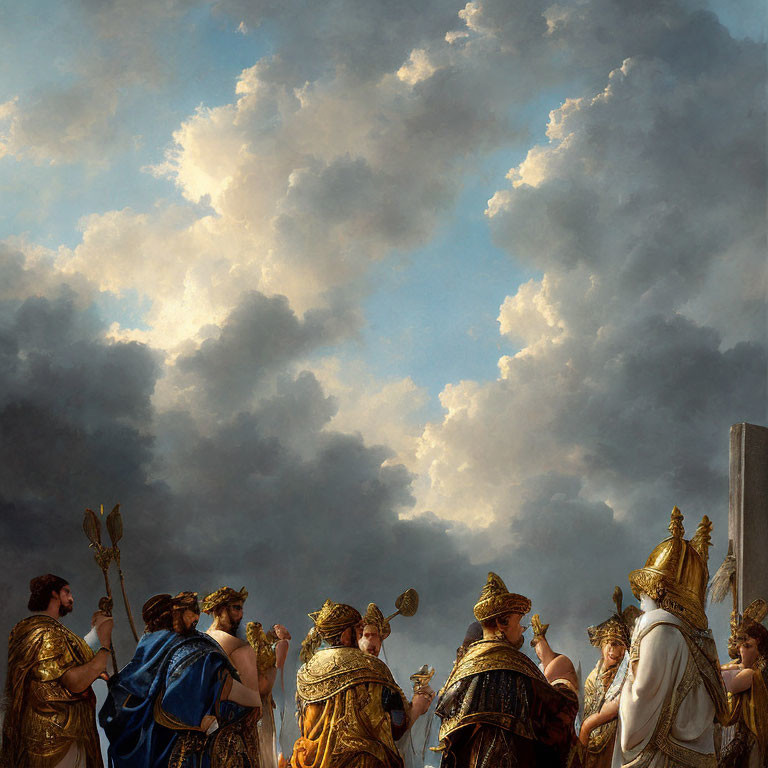 Neoclassical painting of individuals in ancient regalia under dramatic sky