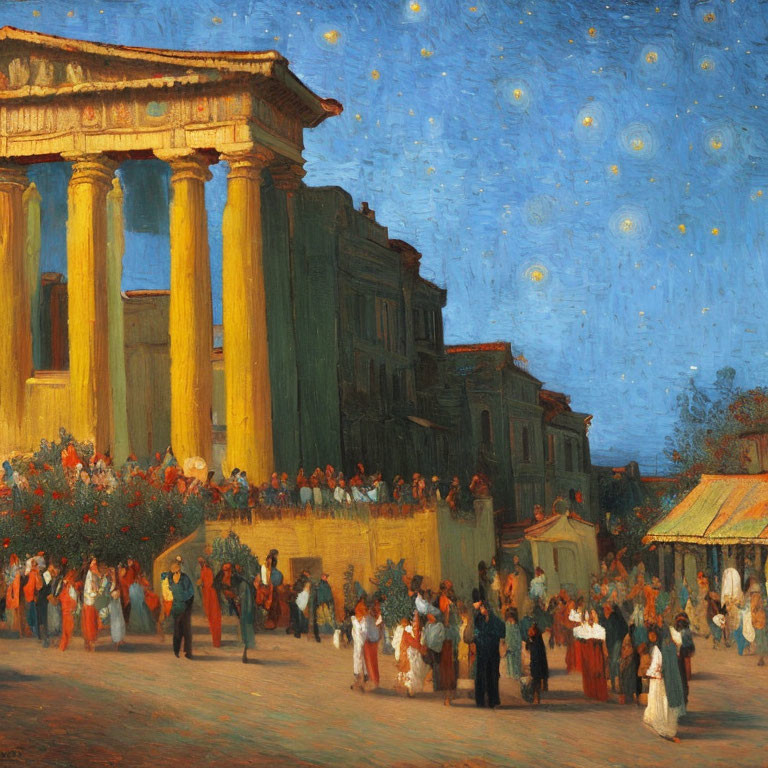 Vibrant painting of people in robes at ancient temple under twilight sky