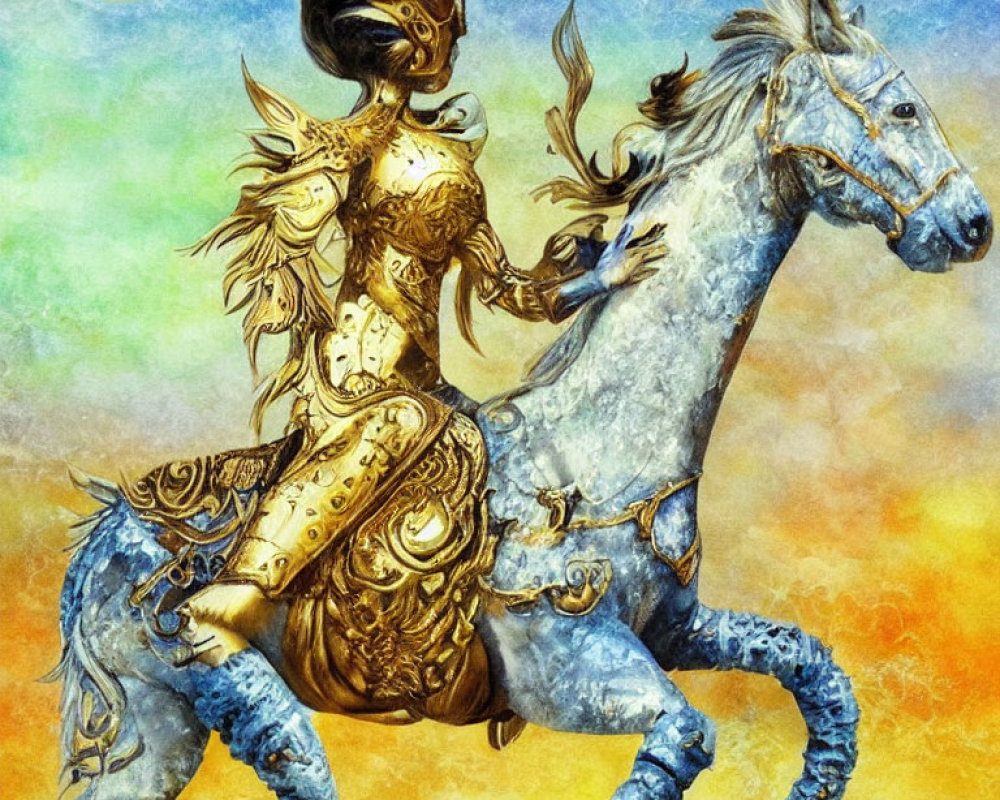 Warrior in Golden Armor Riding Celestial Horse in Fantastical Scene