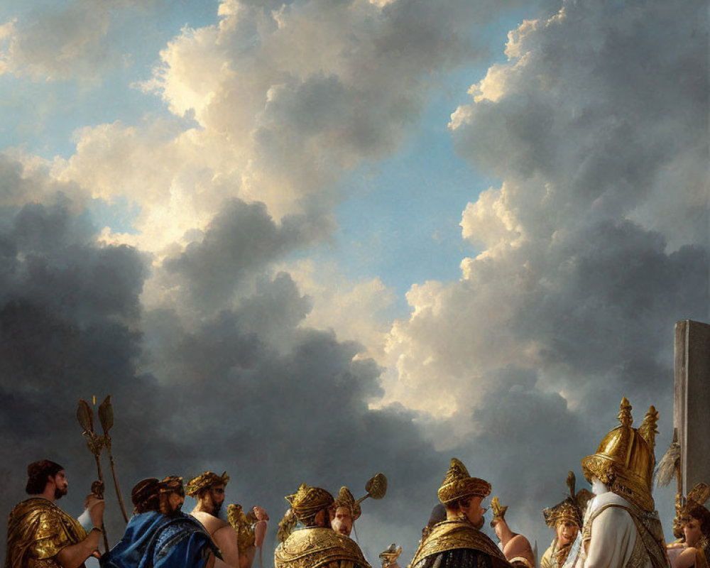 Neoclassical painting of individuals in ancient regalia under dramatic sky