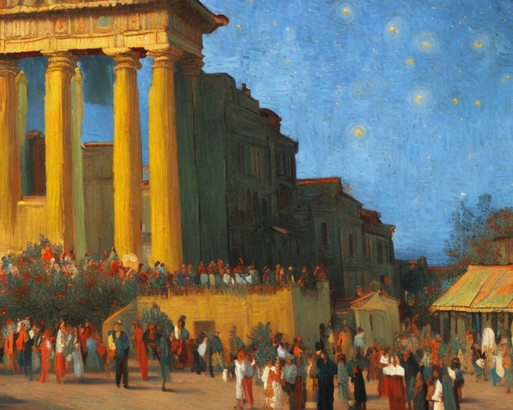 Vibrant painting of people in robes at ancient temple under twilight sky