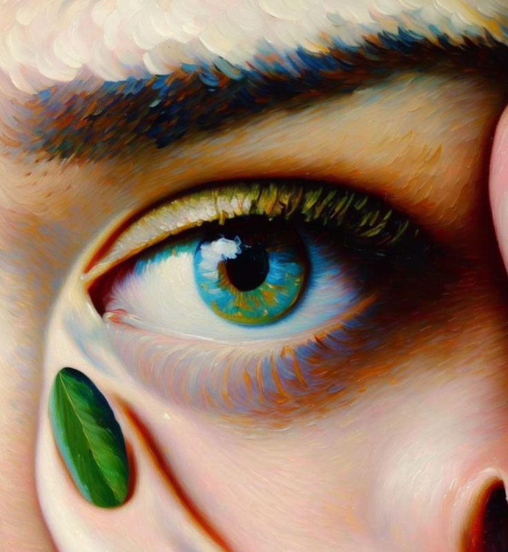 Detailed close-up painting of human eye with iris and lashes, featuring leaf-shaped object.