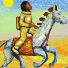 Warrior in Golden Armor Riding Celestial Horse in Fantastical Scene