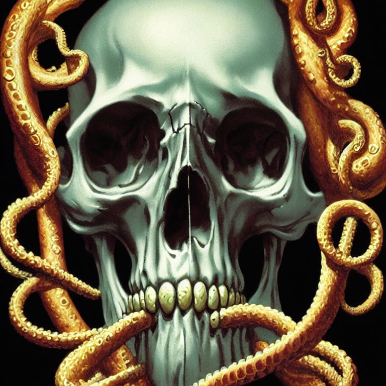 Skull illustration with octopus tentacles: Bone meets marine life contrast