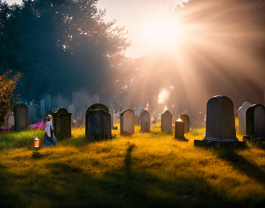 Person kneeling by grave in golden sunlight at cemetery