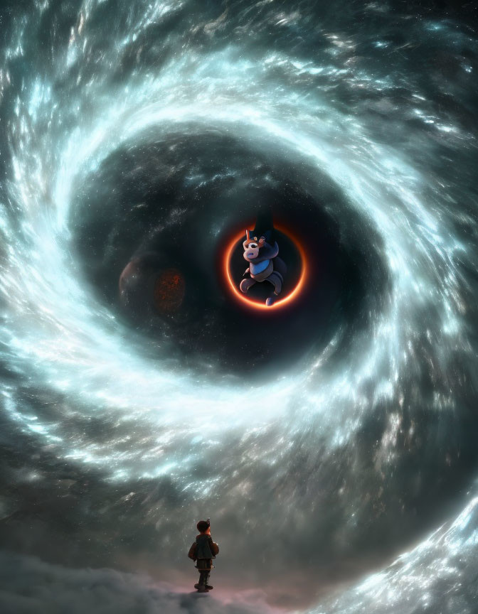 Person standing before swirling cosmic vortex with fiery ring and cartoon character floating near rocky planet.