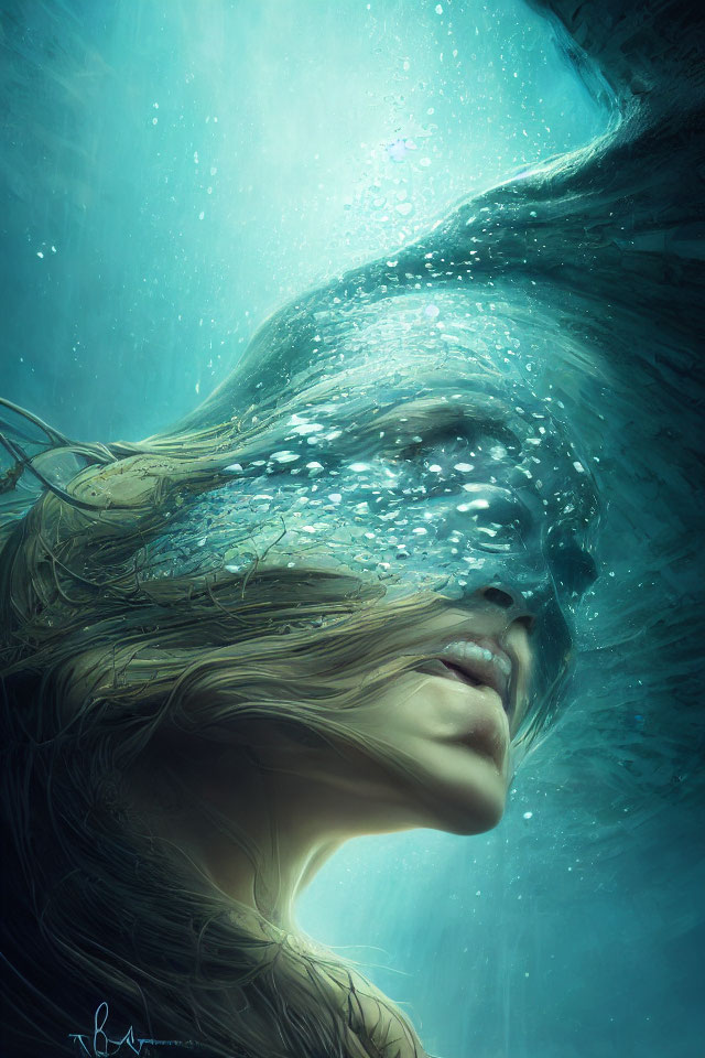 Blonde woman in underwater portrait with flowing hair and air bubbles