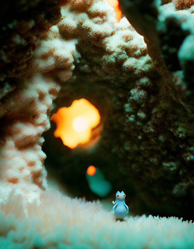 Blue penguin figurine among coral-like textures with warm glowing light