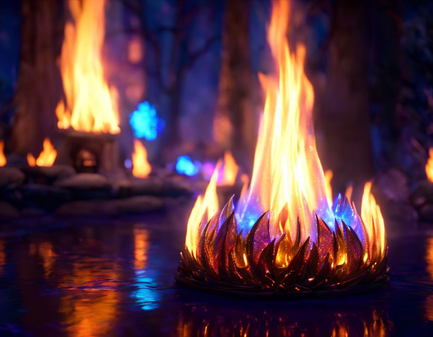 Colorful campfire illuminating dark forest with rocks and trees