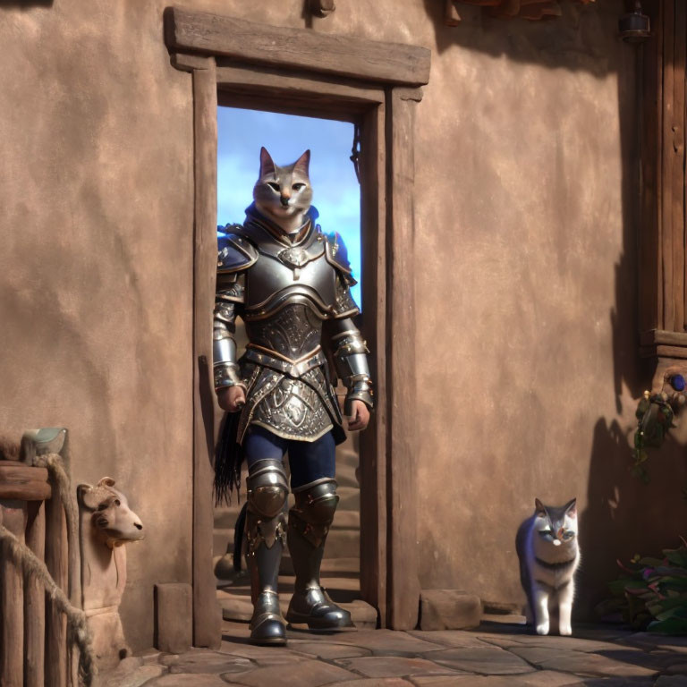 Armored anthropomorphic cat with goat and cat in rustic setting