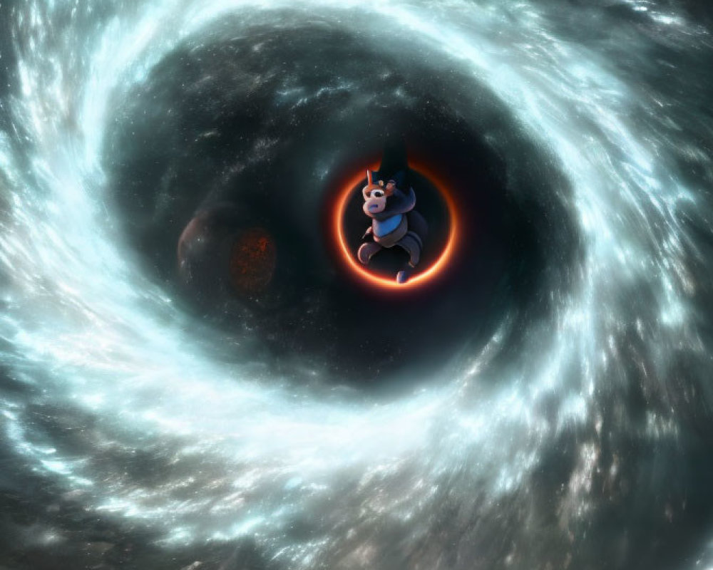 Person standing before swirling cosmic vortex with fiery ring and cartoon character floating near rocky planet.