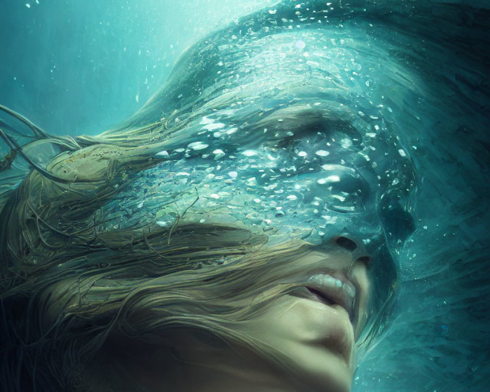 Blonde woman in underwater portrait with flowing hair and air bubbles