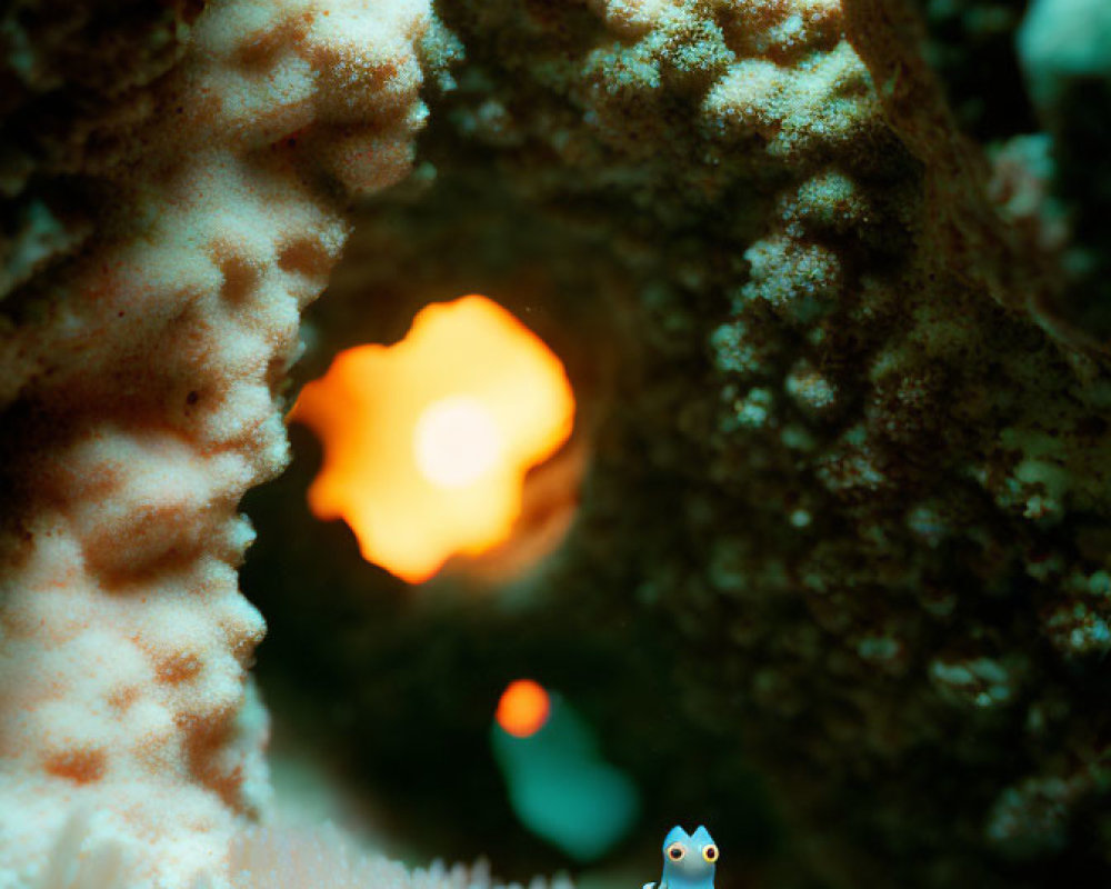 Blue penguin figurine among coral-like textures with warm glowing light