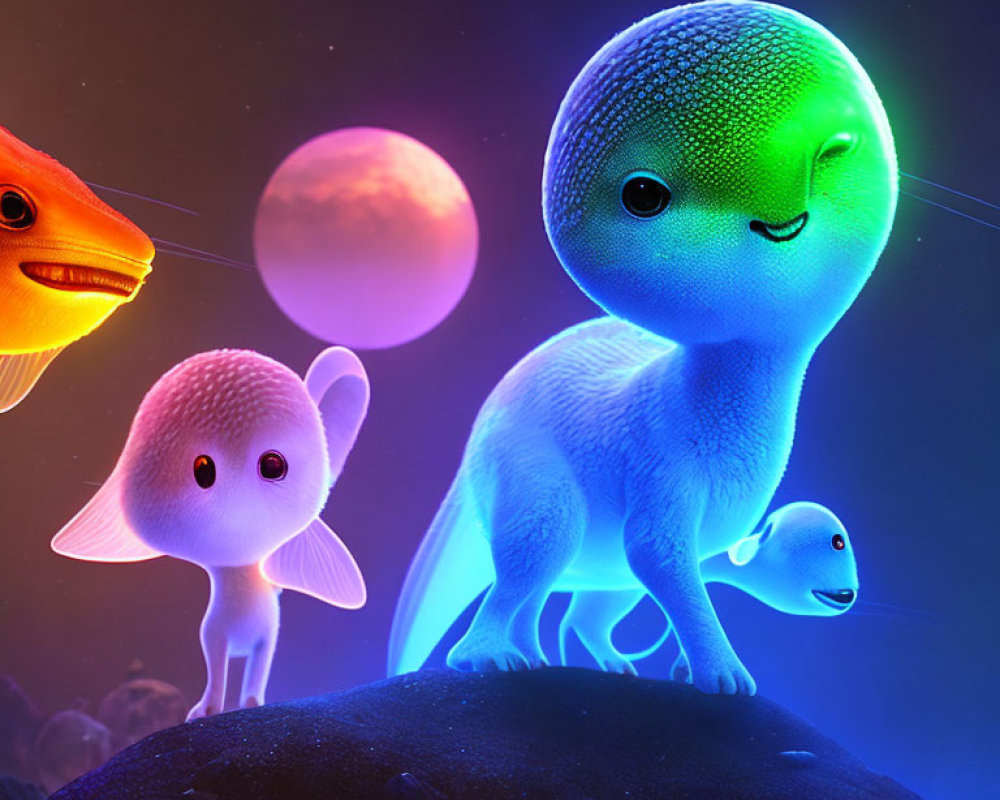 Colorful digital artwork: Glowing animals, fish with light bulb, whimsical creature