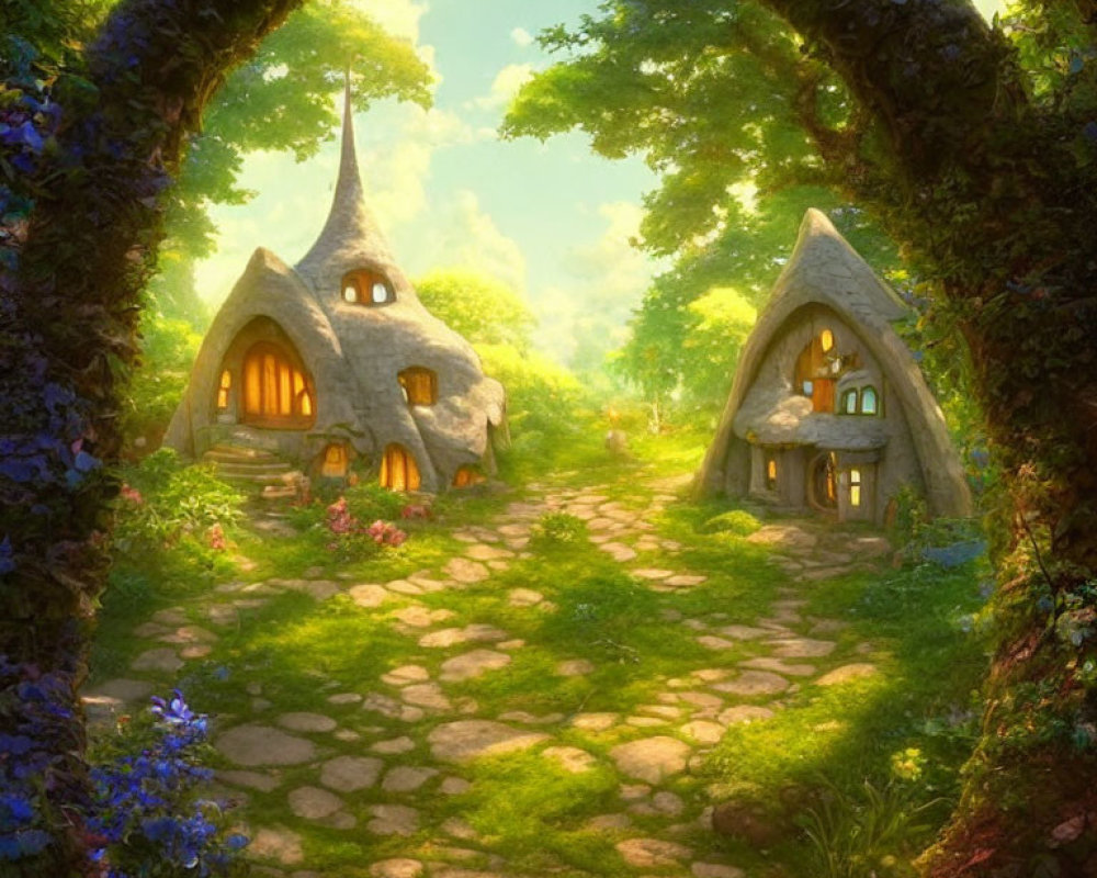 Tranquil fantasy pathway with thatched roof cottages and lush greenery