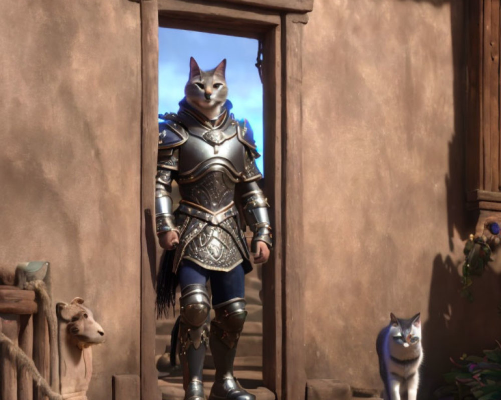 Armored anthropomorphic cat with goat and cat in rustic setting