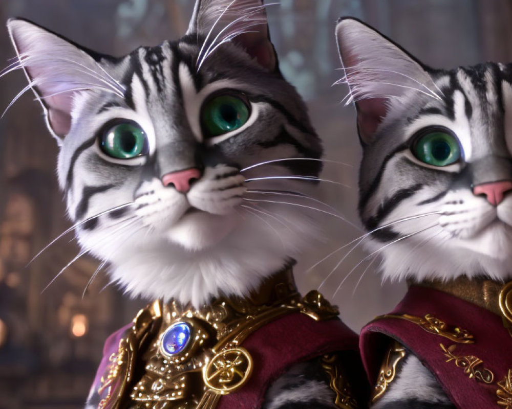 Striking green-eyed animated cats in medieval attire indoors