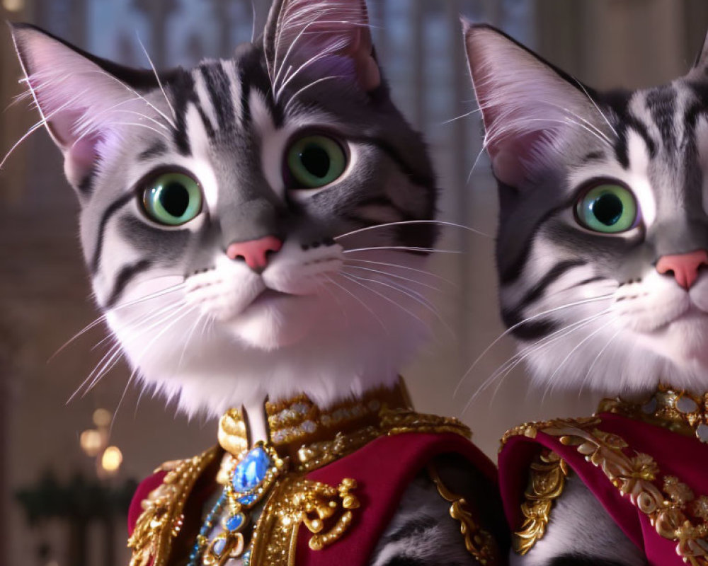 Animated Cats in Royal Attire Against Opulent Background