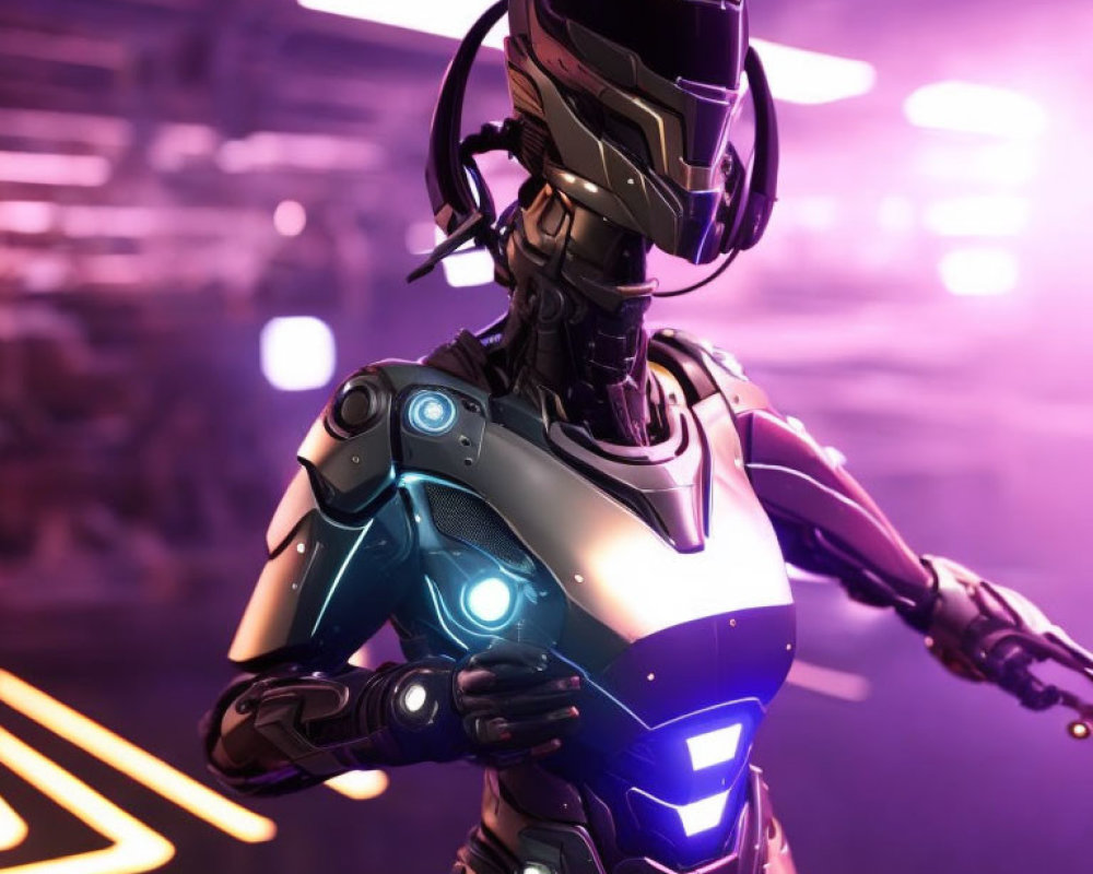 Futuristic robot in black and white armor suit with glowing blue lights