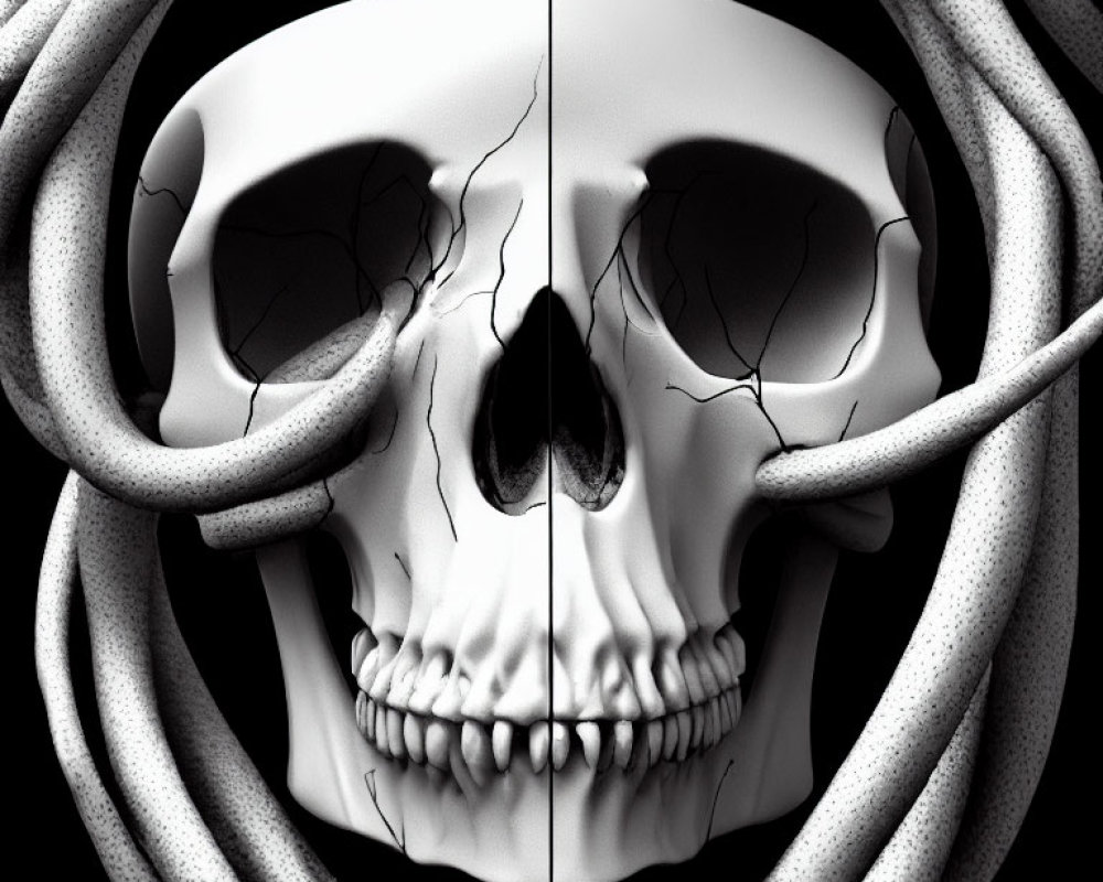 Monochromatic skull surrounded by snake-like forms